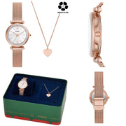 FOSSIL Carlie Three-Hand Rose Gold-Tone Stainless Steel Mesh Watch and Necklace Box Set